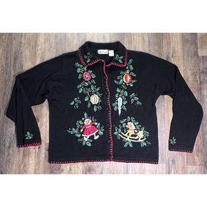 Vintage Beaded Christmas Cardigan Sweater Mistletoe XL Embroidered Party Button.